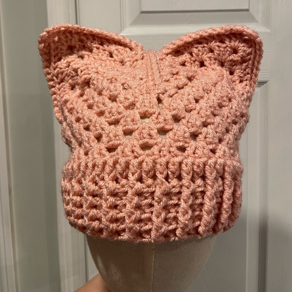 Handmade Crochet Cat Animal Ear Beanie Hat Cozy Ribbed Brim Stretch Winter Hat